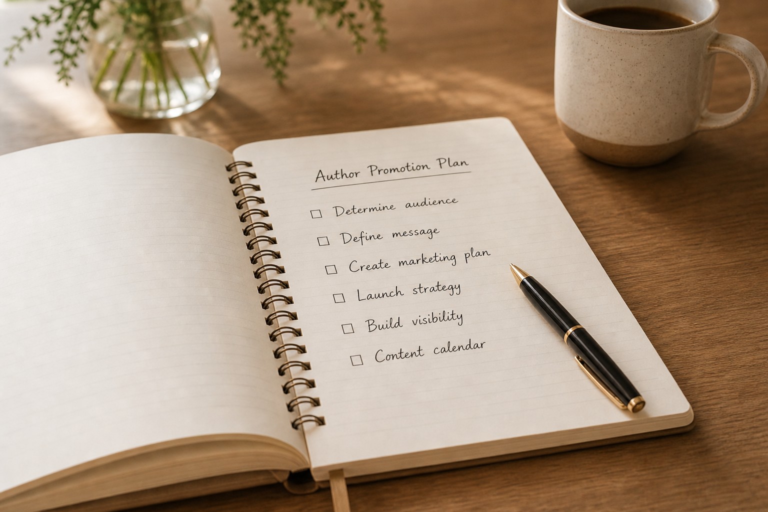 Author promotion plan notebook on an oak desk