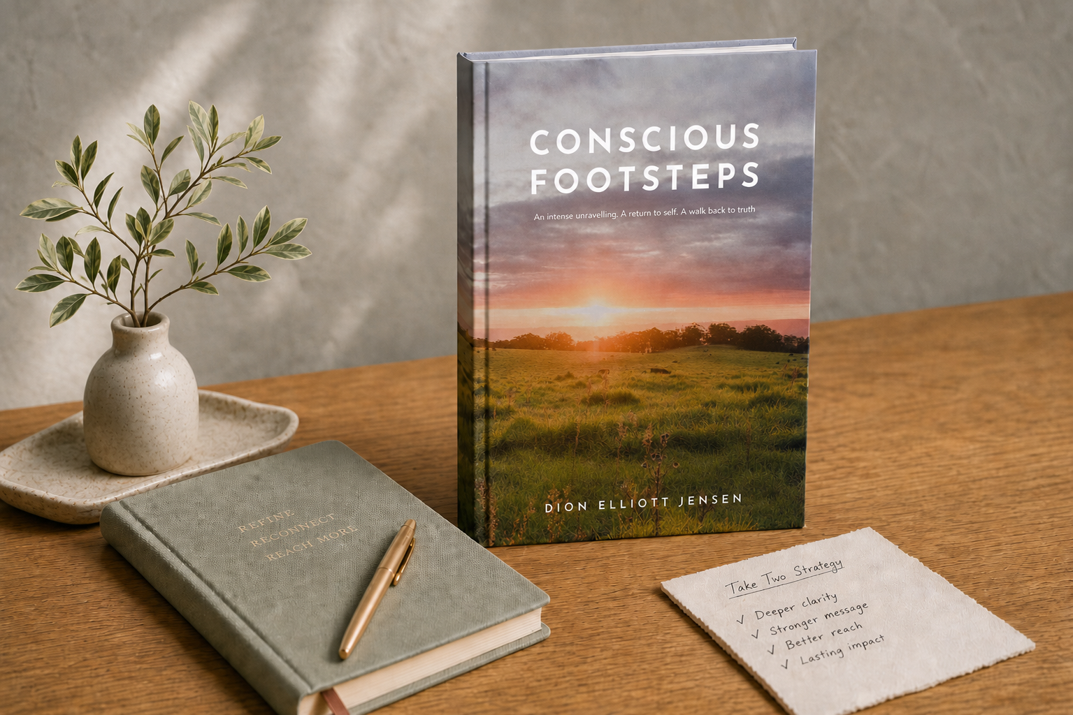 Conscious Footsteps book displayed on an oak desk with strategy notes